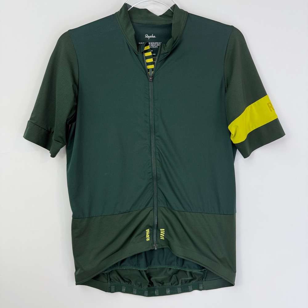 Rapha Pro Team Cycling Jersey Womens Large Green Yellow Short Sleeve Full Zip